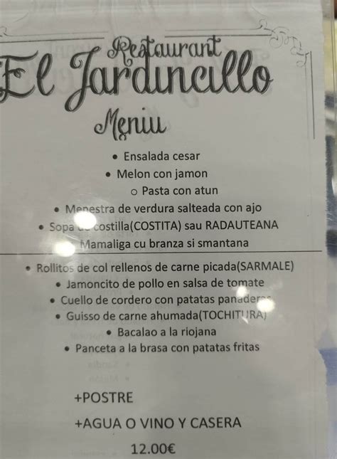 Menu at El Jardincillo restaurant, Zaragoza